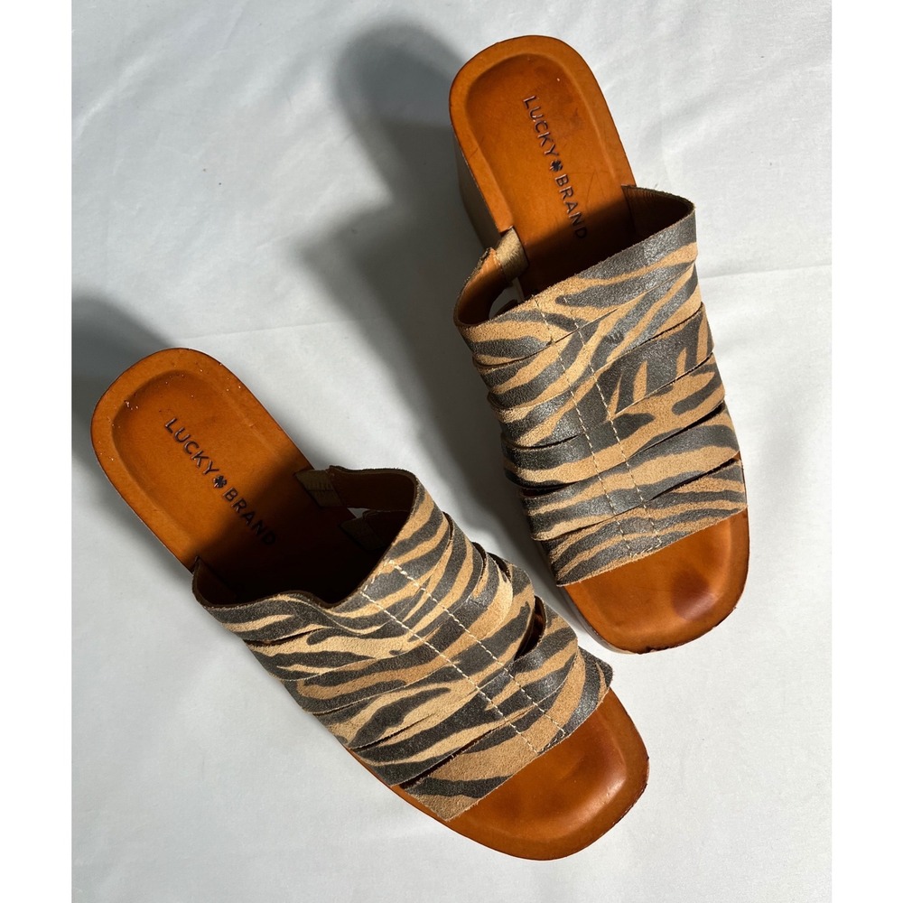 Lucky Brand Zebra Print Leather Slide Sandals Women's Size 10M Boho Animal Print